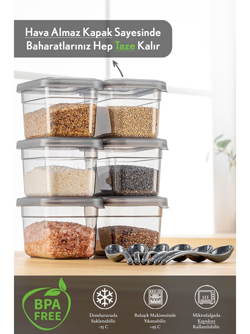 Antrasit 6'lı Sızdırmaz Kapaklı Kaşıklı Baharatlık Seti Etiketli Baharat Saklama Kabı 6 x 580 ml-1