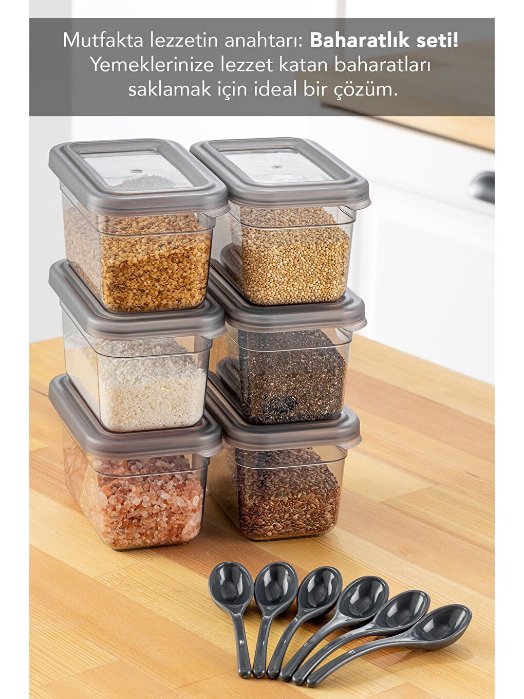 Antrasit 6'lı Sızdırmaz Kapaklı Kaşıklı Baharatlık Seti Etiketli Baharat Saklama Kabı 6 x 580 ml-4
