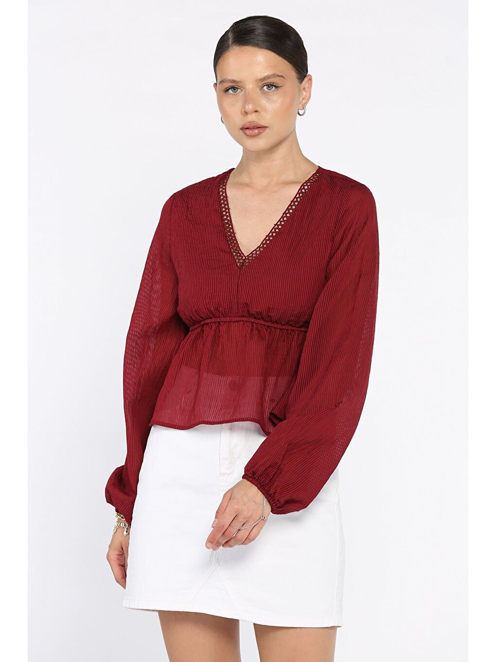 Bordo V Yaka Bel Lastikli Kadın Bluz-1