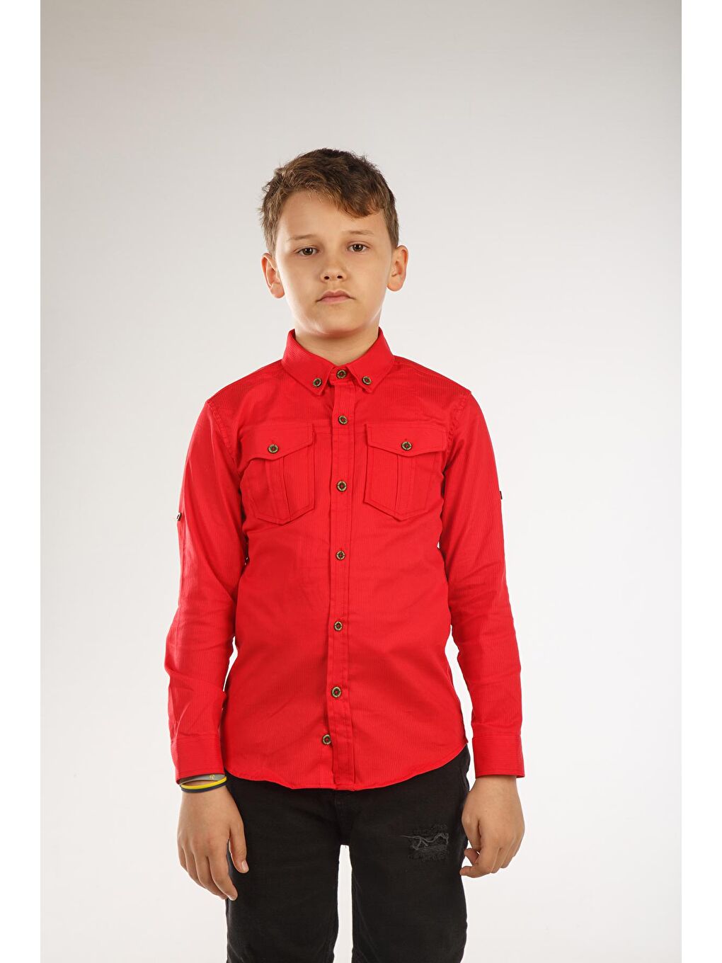 Kırmızı Uzun Katlama Kollu Erkek Çocuk Gömlek-2