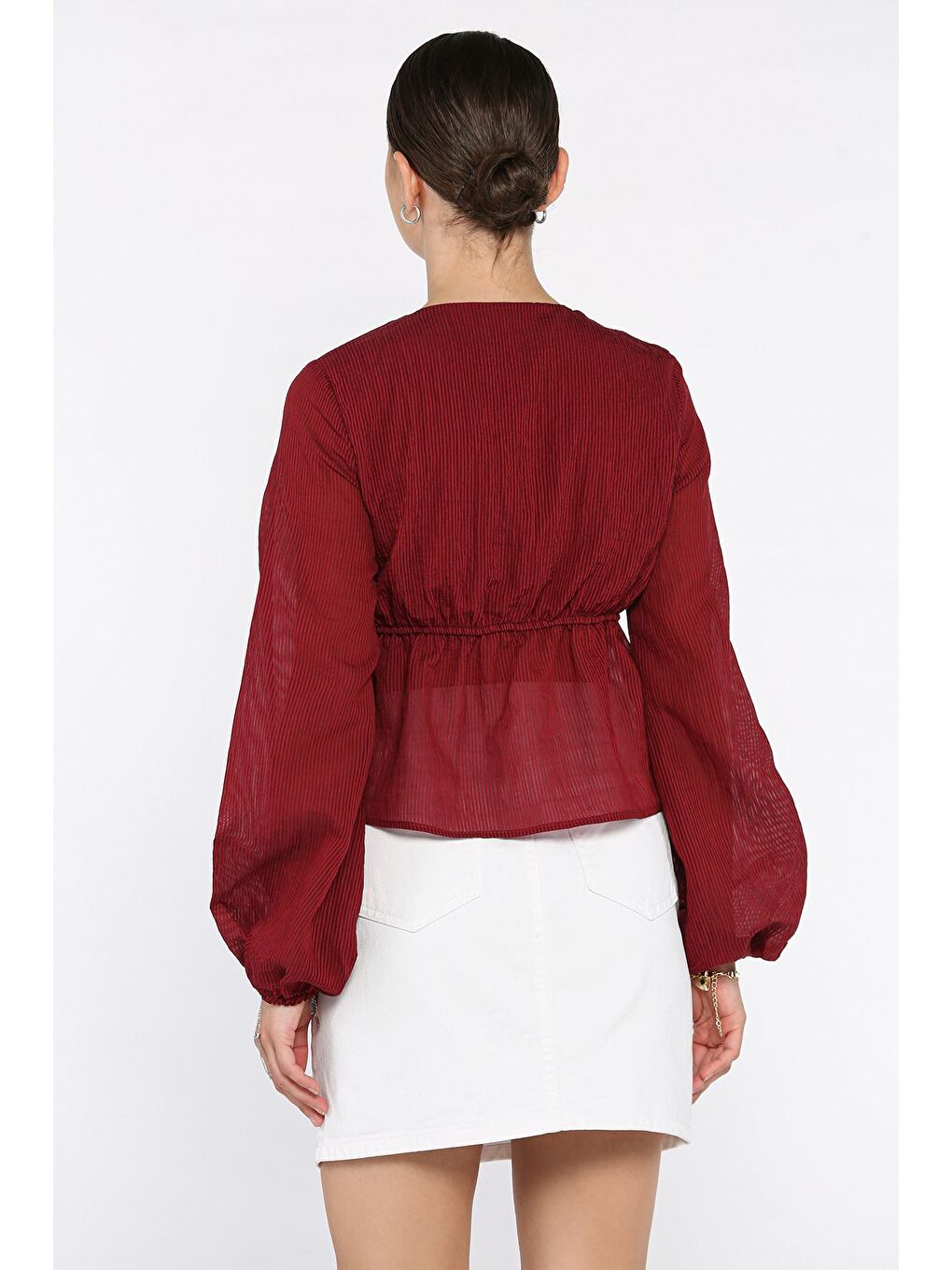 Bordo V Yaka Bel Lastikli Kadın Bluz-3