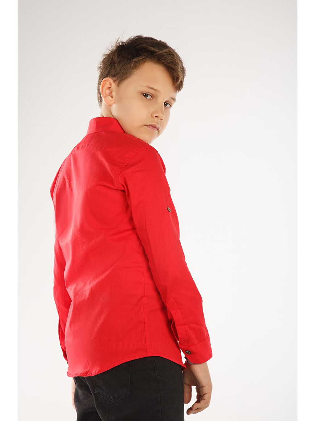 Kırmızı Uzun Katlama Kollu Erkek Çocuk Gömlek-3