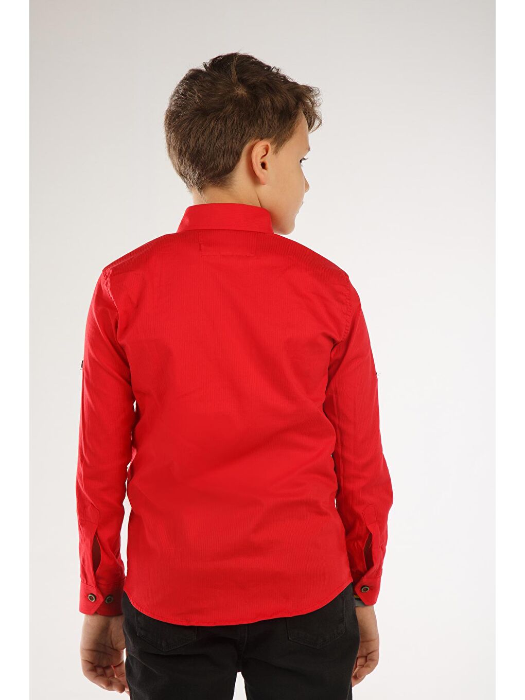 Kırmızı Uzun Katlama Kollu Erkek Çocuk Gömlek-4