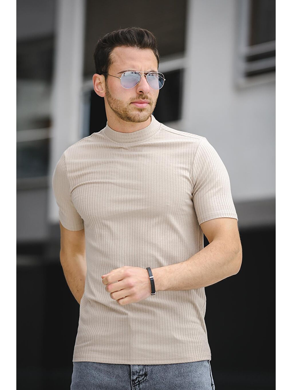 Bej Ernest Slim Fit Likralı Body Yarım Balıkçı Boğazlı Erkek Tişört-2