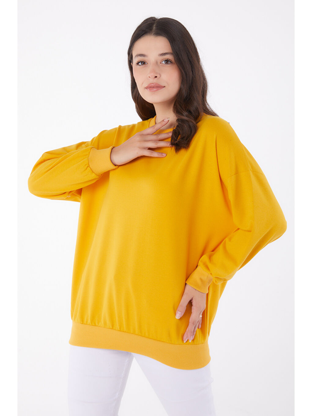 TOFİSA Düz Bisiklet Yaka Kadın Sarı Manşetli Sweatshirt - 26046