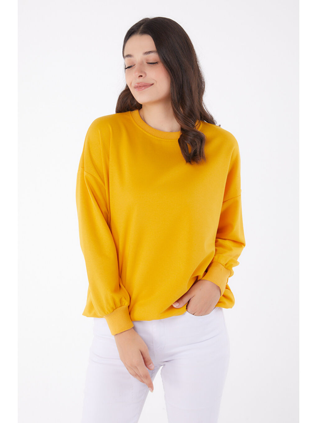 TOFİSA Düz Bisiklet Yaka Kadın Sarı Manşetli Sweatshirt - 26046 - 1