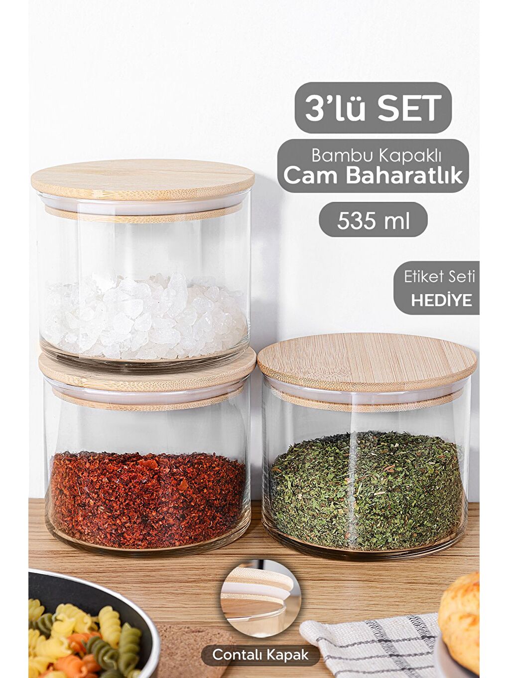 Renksiz 3'lü Etiketli Bambu Kapaklı Cam Baharatlık Seti Baharat Saklama Kabı Vakum Kapaklı Kavanoz 535 ml