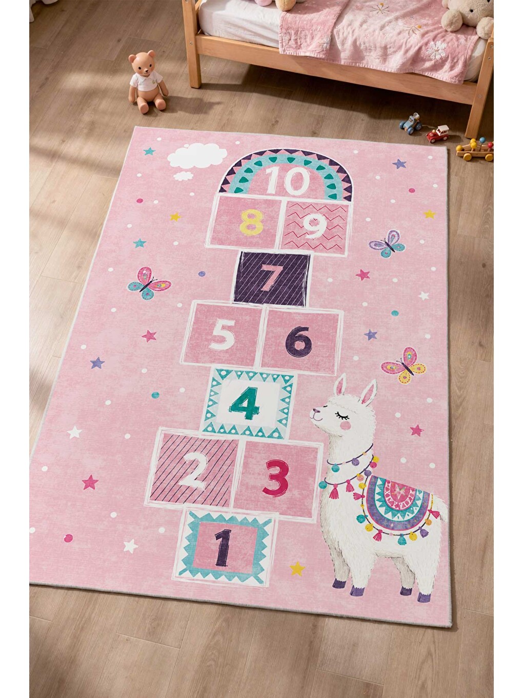 Pembe Modern Çocuk Halısı Kaymaz Tabanlı Makinede Yıkanabilir Çocuk Odası Halısı-2