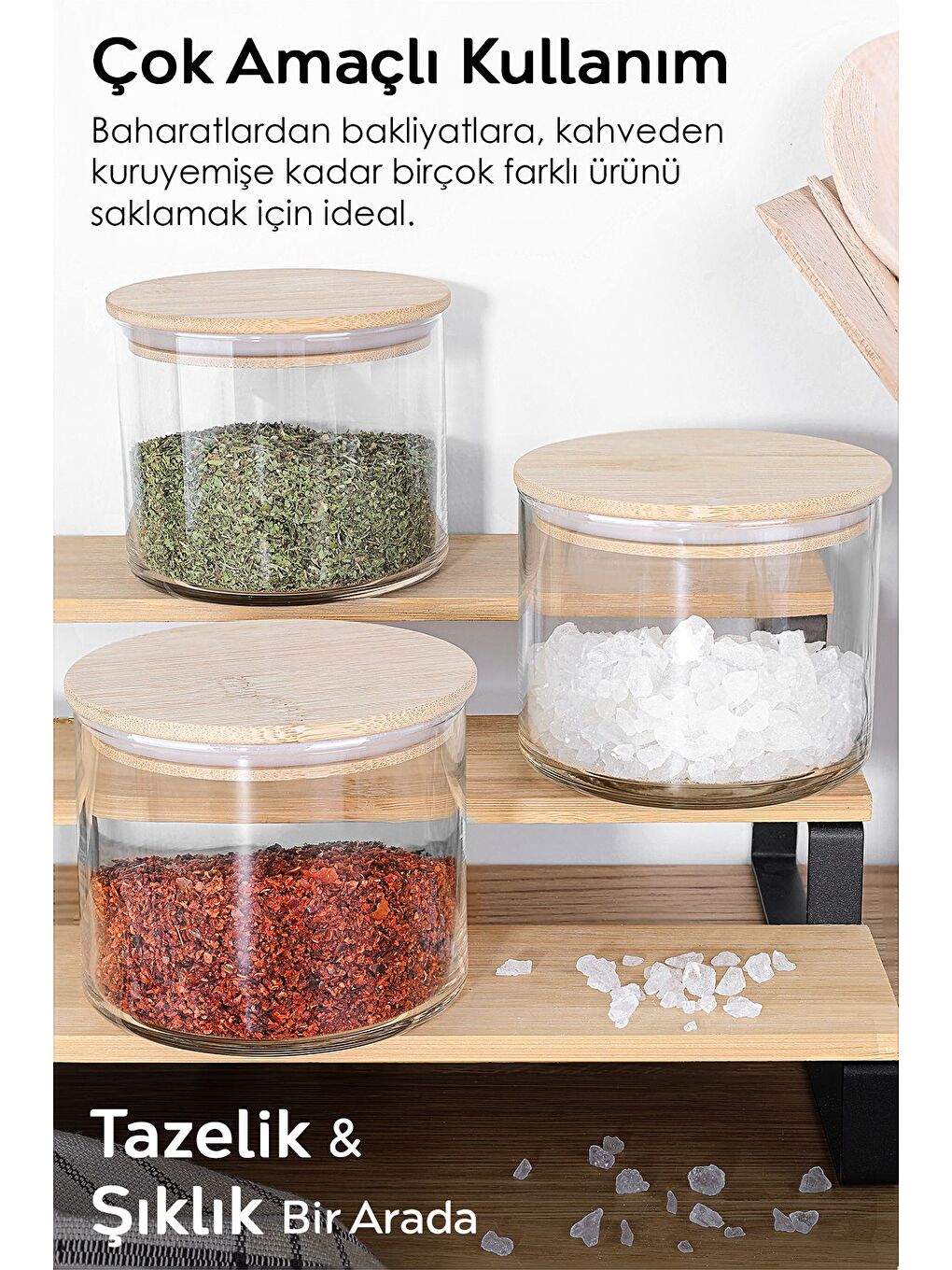 Renksiz 3'lü Etiketli Bambu Kapaklı Cam Baharatlık Seti Baharat Saklama Kabı Vakum Kapaklı Kavanoz 535 ml-2