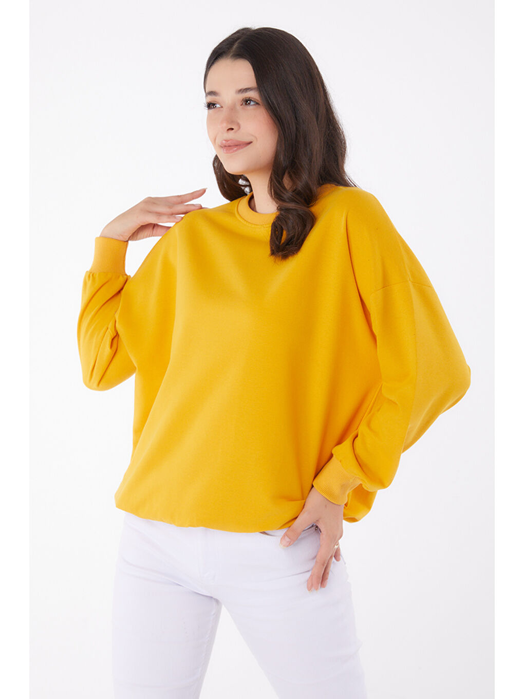 TOFİSA Düz Bisiklet Yaka Kadın Sarı Manşetli Sweatshirt - 26046 - 2