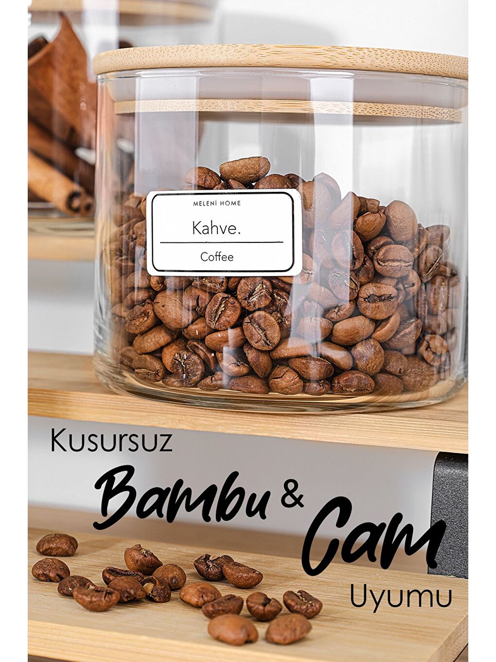 Renksiz 3'lü Etiketli Bambu Kapaklı Cam Baharatlık Seti Baharat Saklama Kabı Vakum Kapaklı Kavanoz 535 ml-3