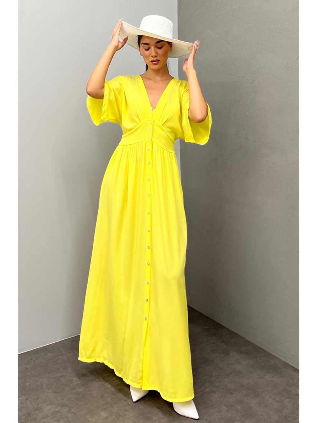 Sarı V Yaka Düğmeli Elbise Mg2339-5