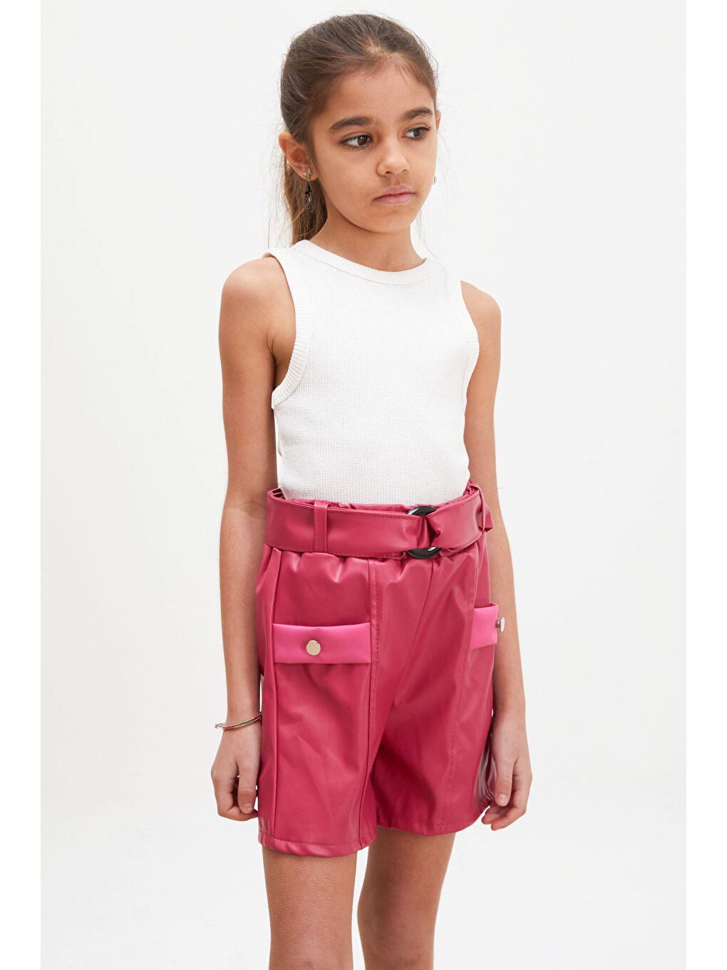 Fuşya Kemerli Ön Cepli Kız Çocuk Deri Şort-2
