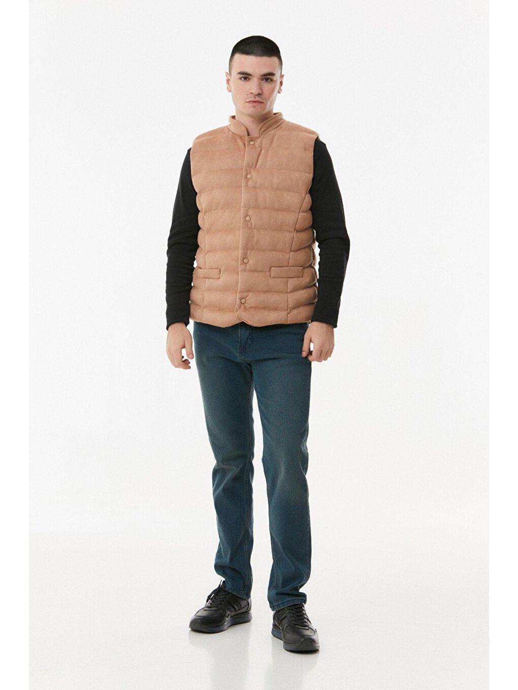 Bej Süet Dik Yaka Çıt Çıtlı Yelek-2