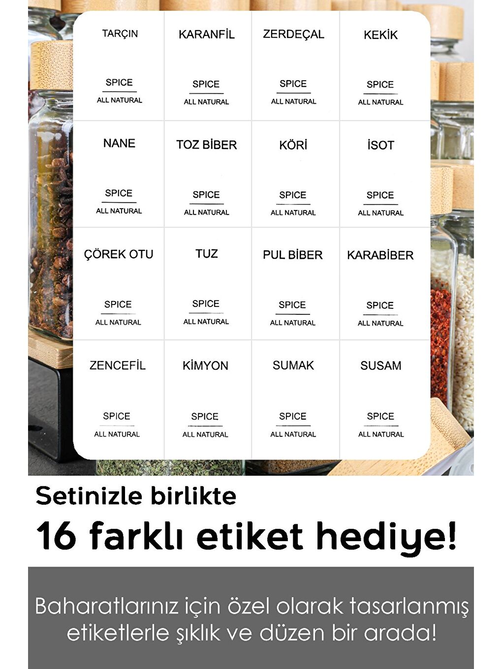 Renksiz 12'li Bambu Kapaklı Cam Baharatlık Seti Etiketli Tuzluk Biberlik Köşeli Baharat Takımı 120 ml-1