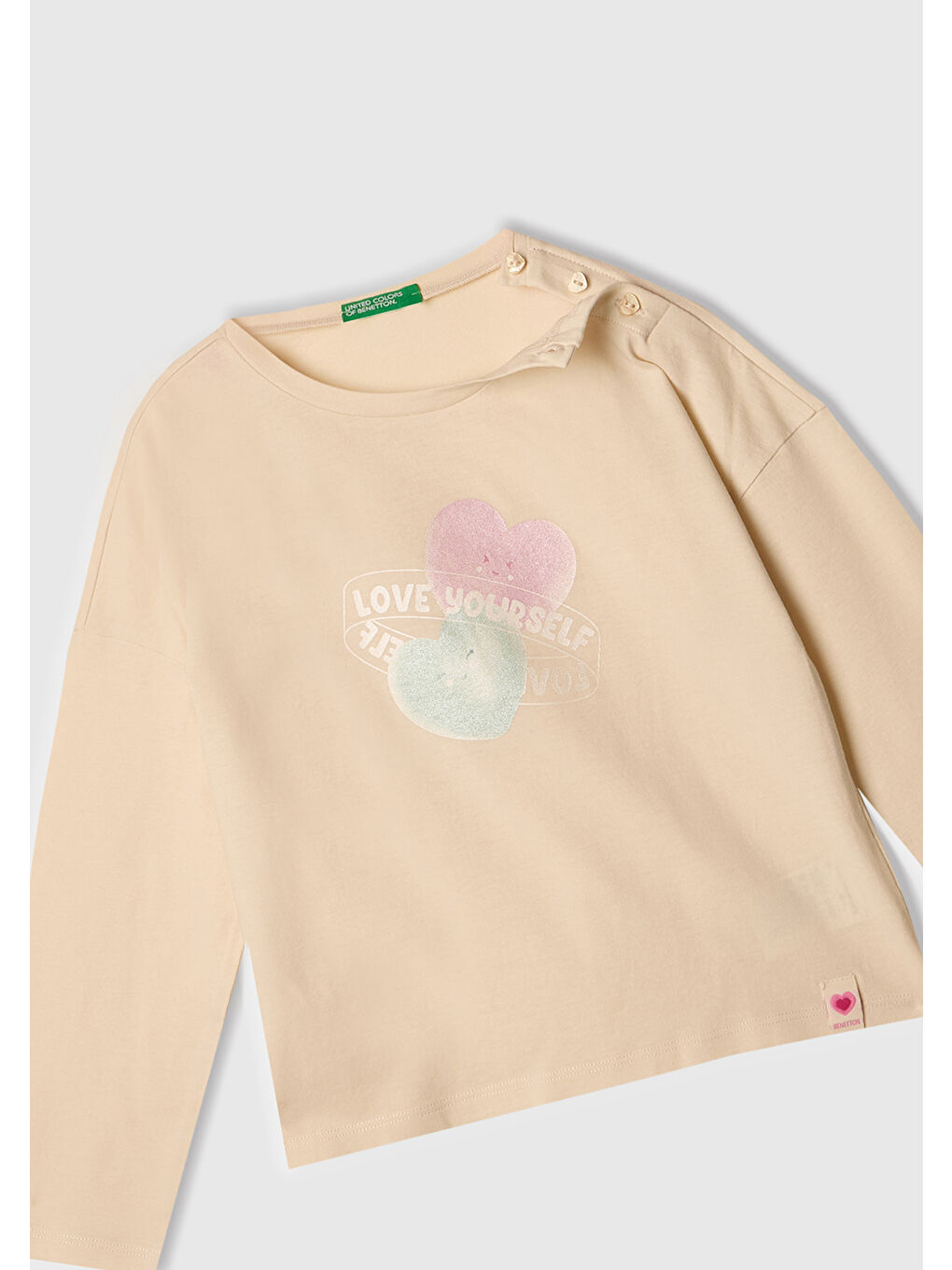 Ekru Kız Çocuk Krem Baskılı Logo Etiketli Kalp Düğmeli T-Shirt-1