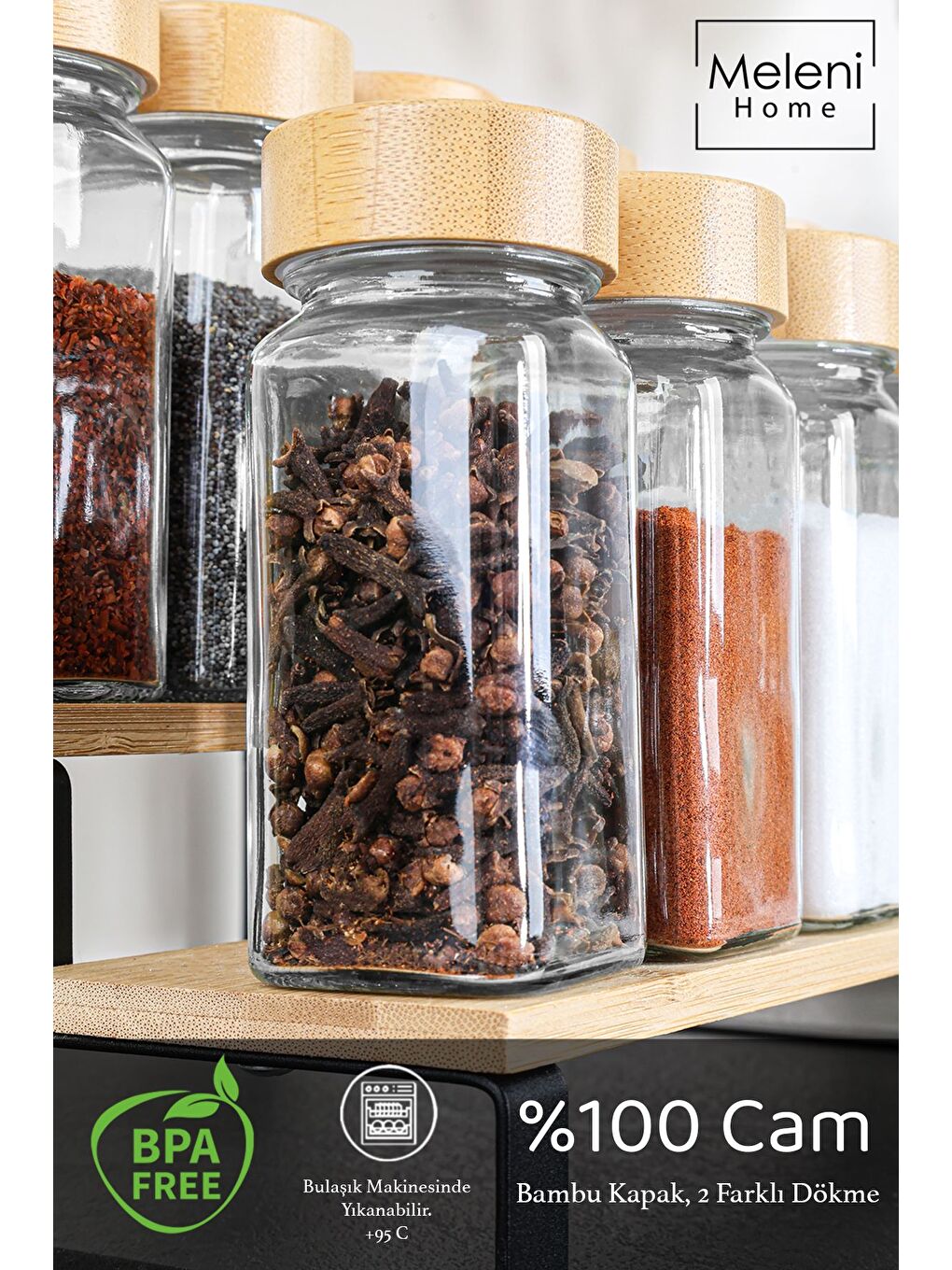 Renksiz 12'li Bambu Kapaklı Cam Baharatlık Seti Etiketli Tuzluk Biberlik Köşeli Baharat Takımı 120 ml-2