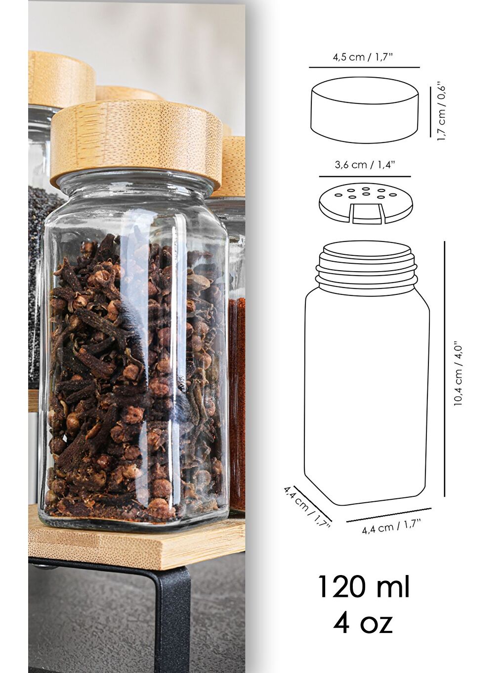 Renksiz 12'li Bambu Kapaklı Cam Baharatlık Seti Etiketli Tuzluk Biberlik Köşeli Baharat Takımı 120 ml-6