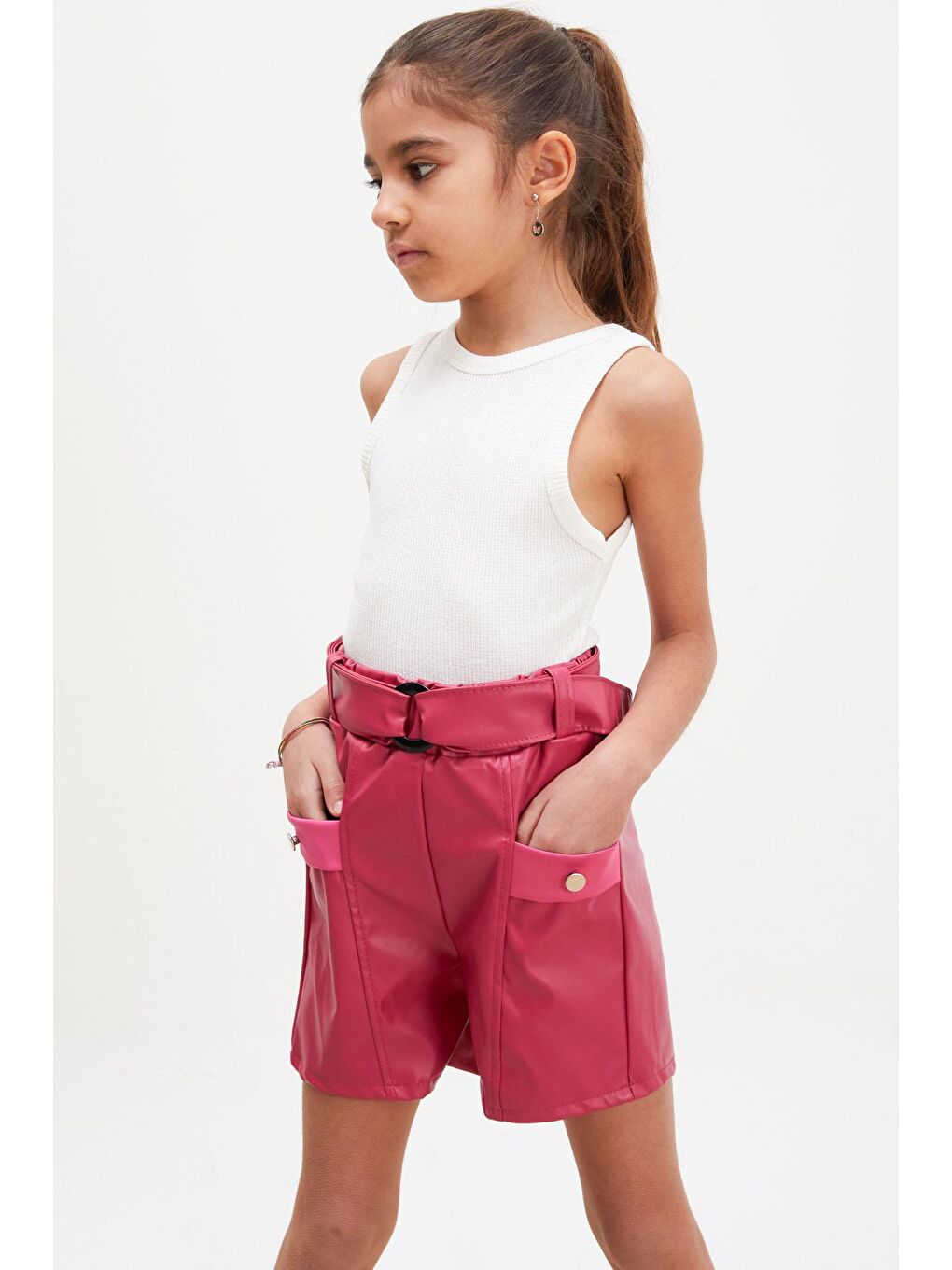 Fuşya Kemerli Ön Cepli Kız Çocuk Deri Şort-3