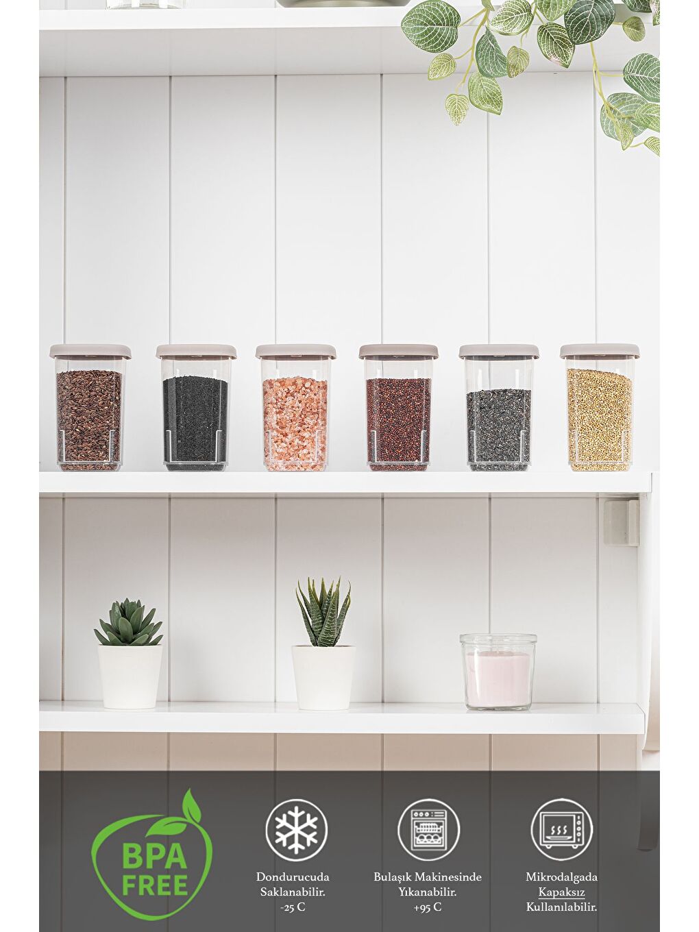 6'lı Etiketli ve Kilitlenebilir Hava Almaz Kapaklı Baharatlık Seti Baharatlık Saklama Kabı Bej-1