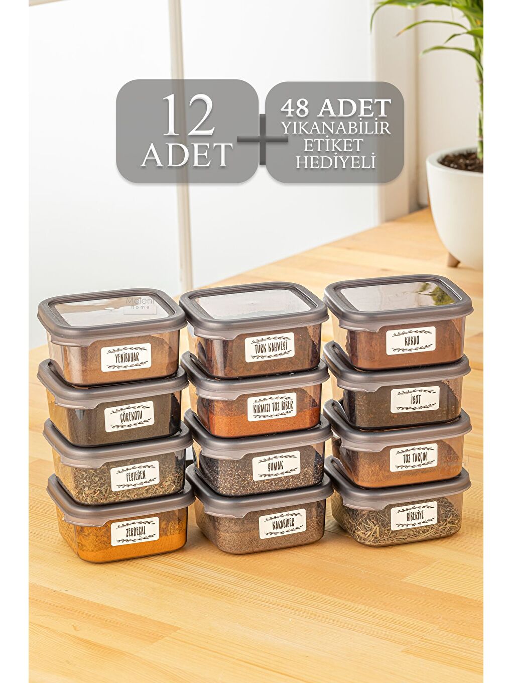 Antrasit 12'li Etiketli Baharatlık Seti Kapaklı Kare Baharat Takımı Saklama Kabı 12x300 ml