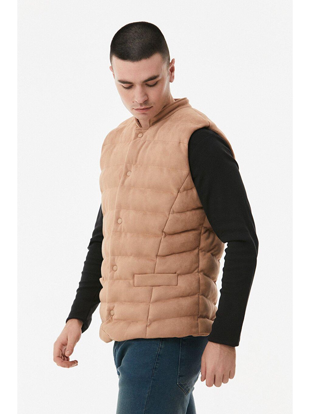 Bej Süet Dik Yaka Çıt Çıtlı Yelek-4