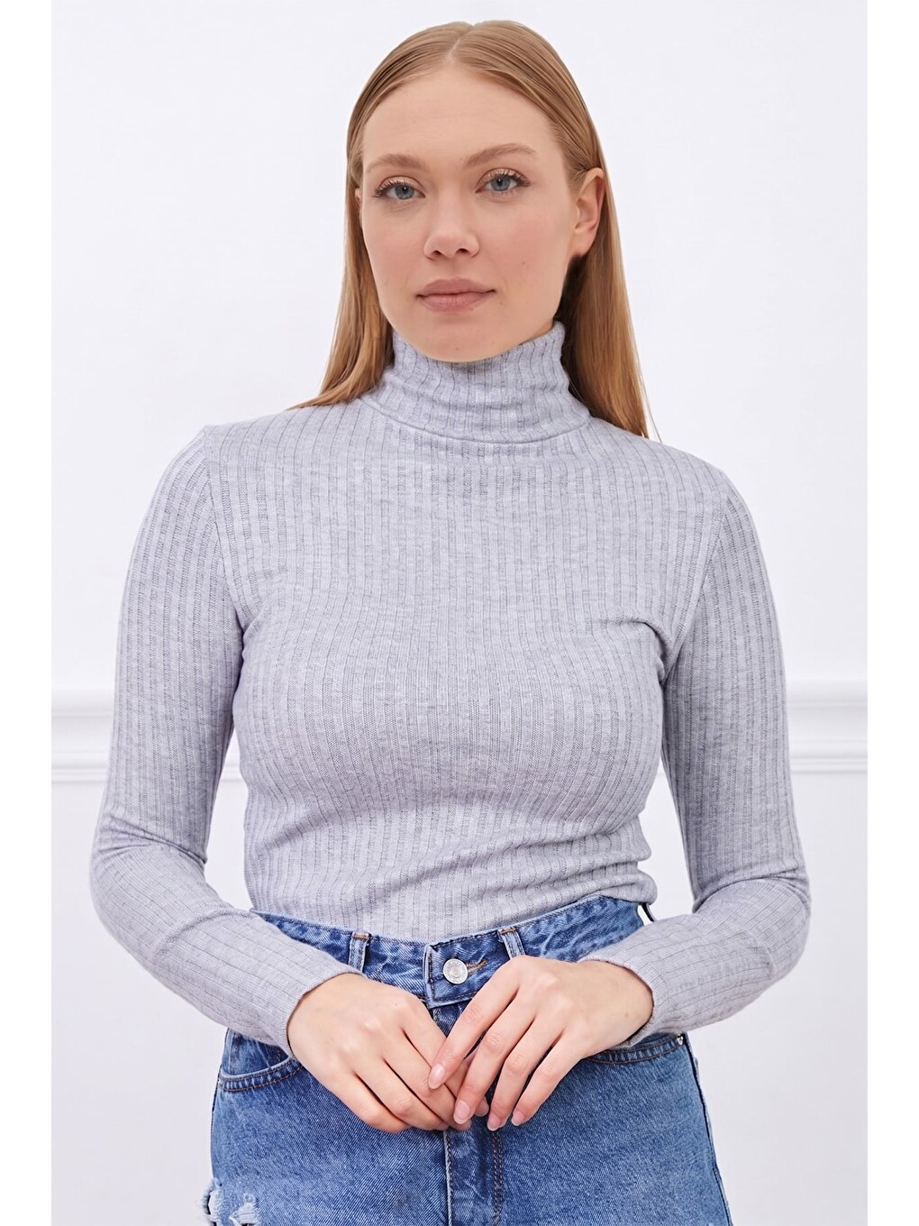 Gri Fitilli Balıkçı Yaka Slim Fit Bluz