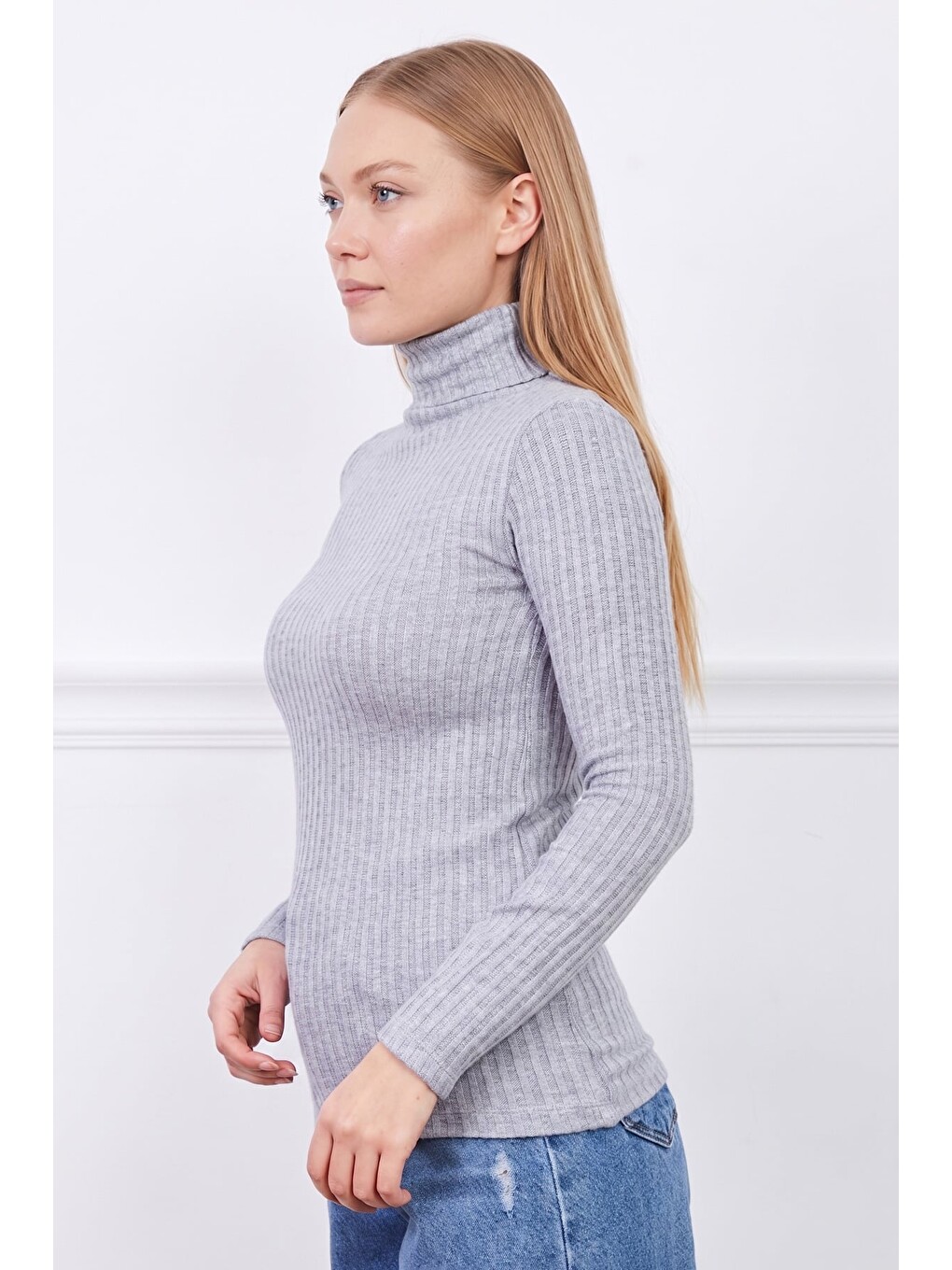 Gri Fitilli Balıkçı Yaka Slim Fit Bluz-1