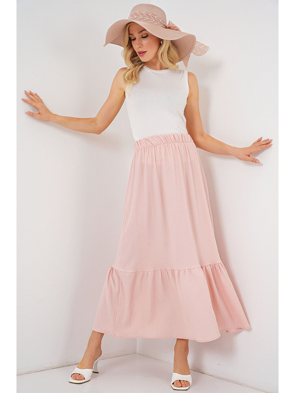 Pembe 1886 Uzun Örme Etek - Pudra-2