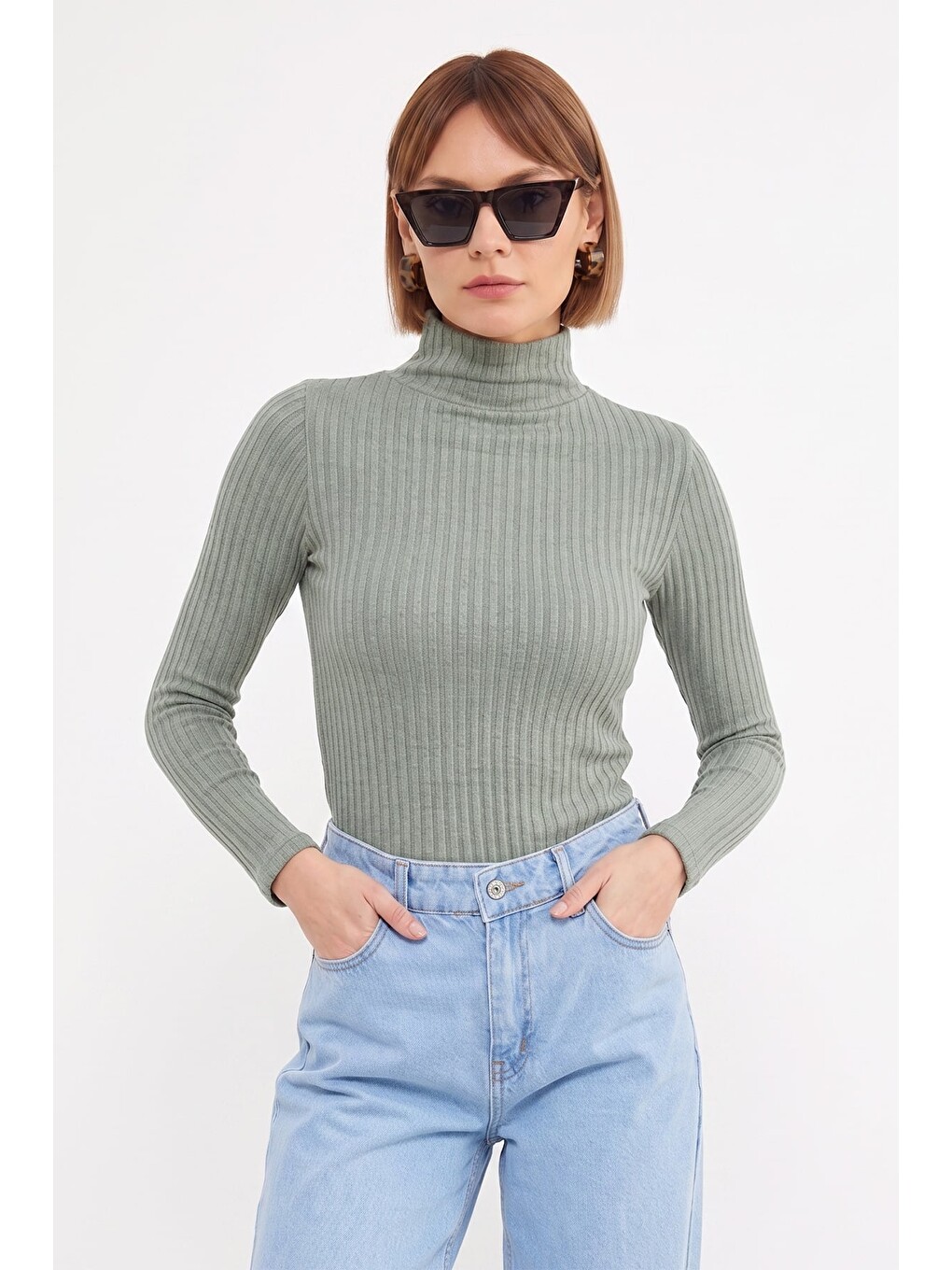 Haki Fitilli Balıkçı Yaka Slim Fit Bluz-1