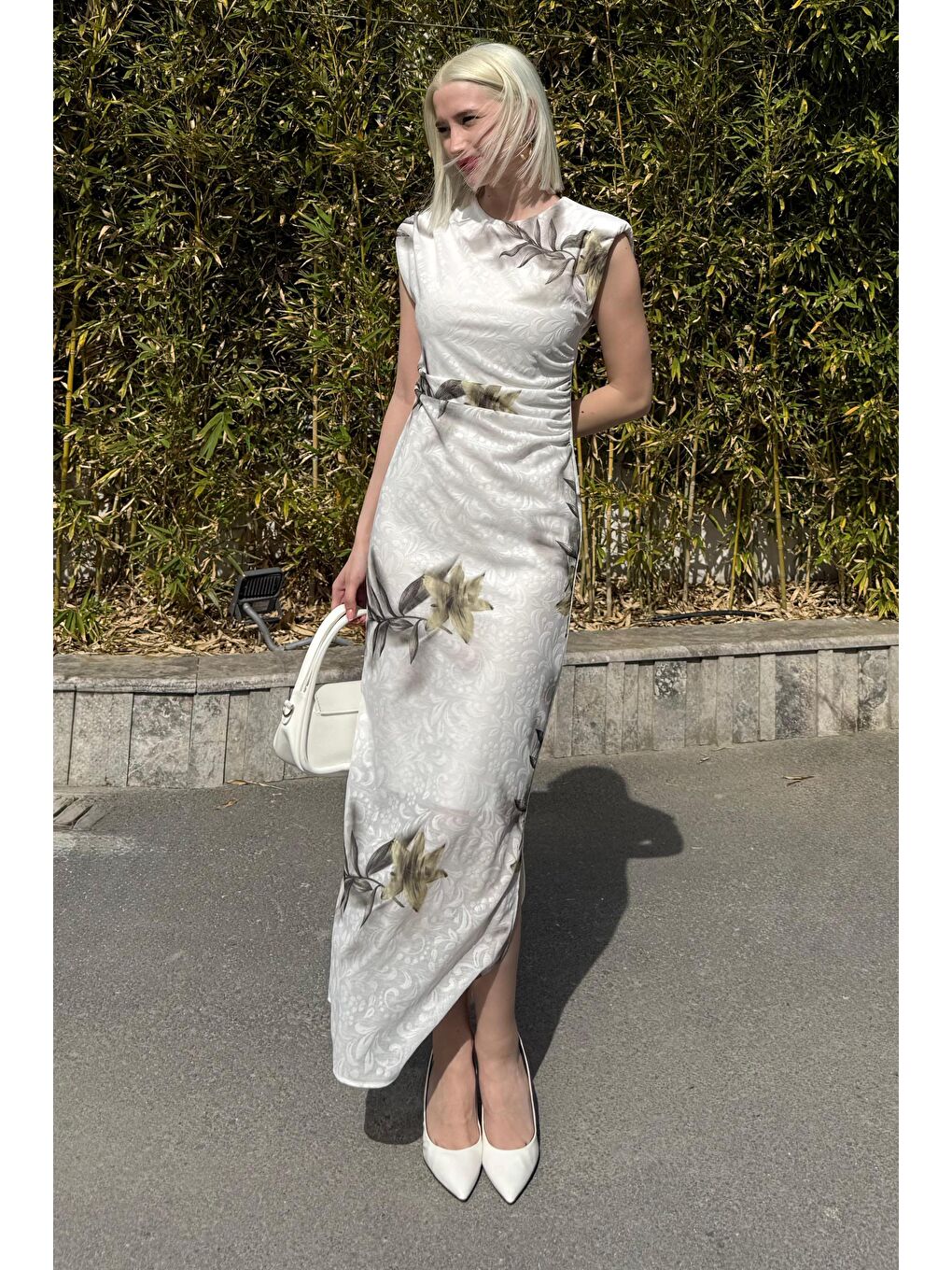 Yeşil Desenli Midi Boy Kadın Elbise Mg2464-1