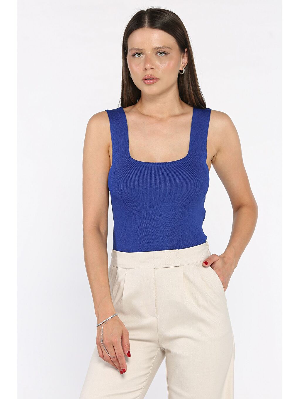 Mavi Kare Yaka Askılı Elastanlı Kadın Triko Bluz-1