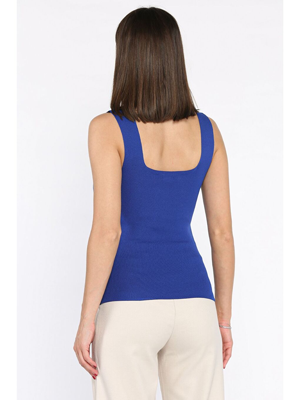 Mavi Kare Yaka Askılı Elastanlı Kadın Triko Bluz-2