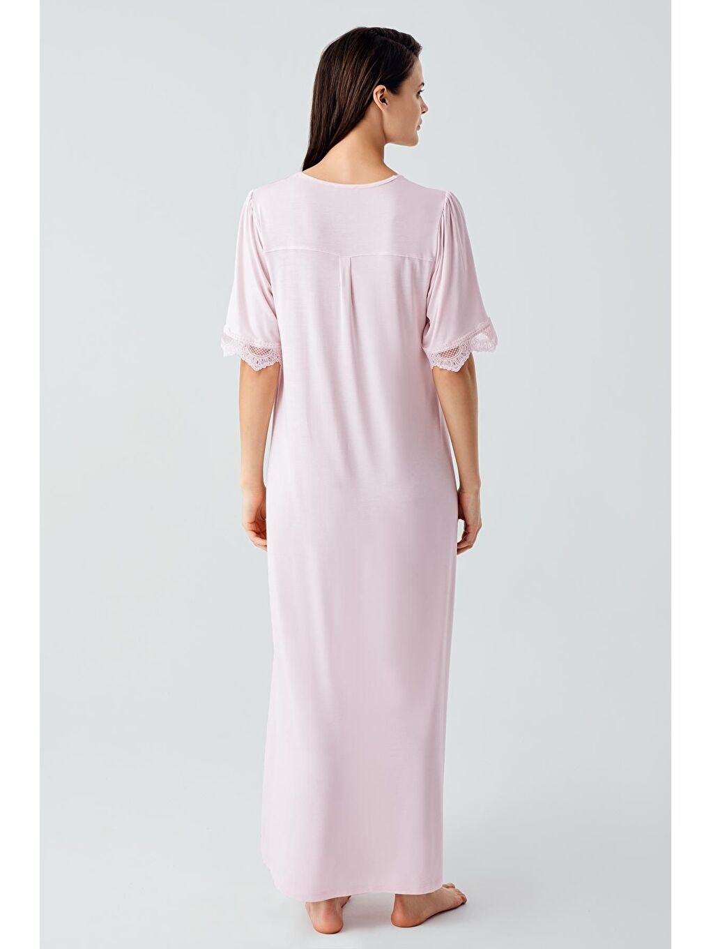 Pembe Dantelli Düğmeli Kısa Kollu Esnek Viskoz Uzun Gecelik 17111-2