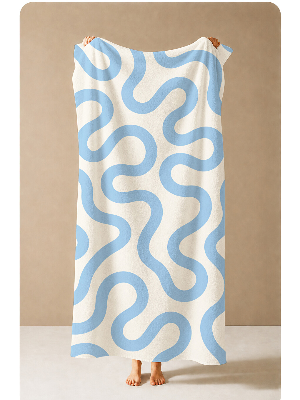 Modern Mavi Dalgalı Çizgi Beyaz Minimal Soyut Desenli 70x150 Plaj Havlusu - Pamuklu Banyo Havlusu-2