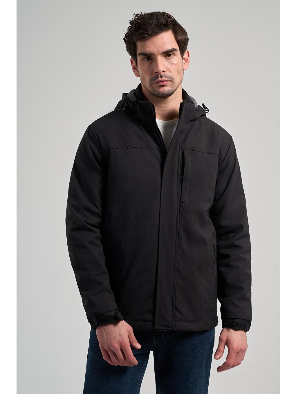 Siyah Bez Ayağı Dik Yaka Düz Tam Astar Standart Fit Casual Kapüşonlu Mont 1007245164_001