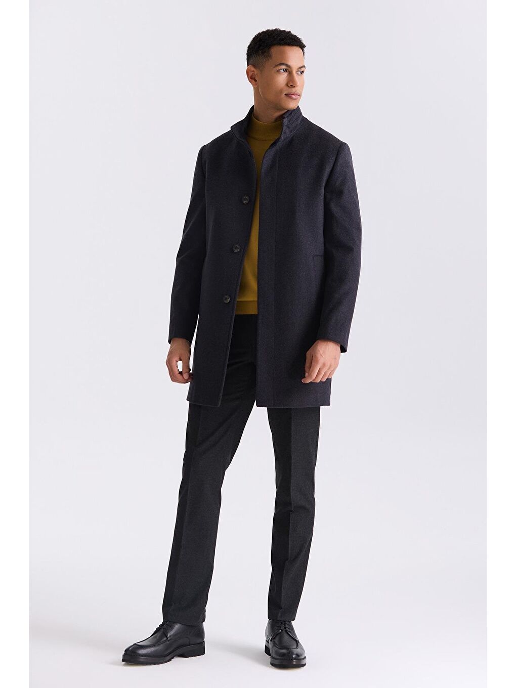 Koyu Lacivert1 Slim Fit Dik Yaka Balık Sırtı Desenli Yünlü Spor Kaban-1