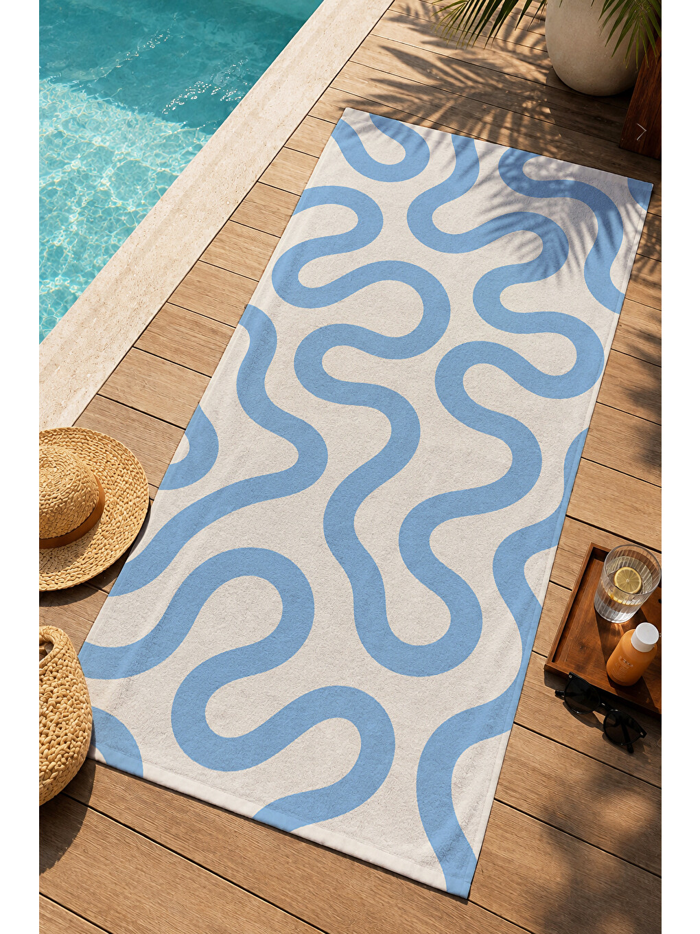 Modern Mavi Dalgalı Çizgi Beyaz Minimal Soyut Desenli 70x150 Plaj Havlusu - Pamuklu Banyo Havlusu-3