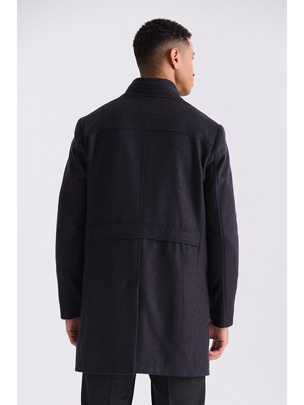 Koyu Lacivert1 Slim Fit Dik Yaka Balık Sırtı Desenli Yünlü Spor Kaban-3