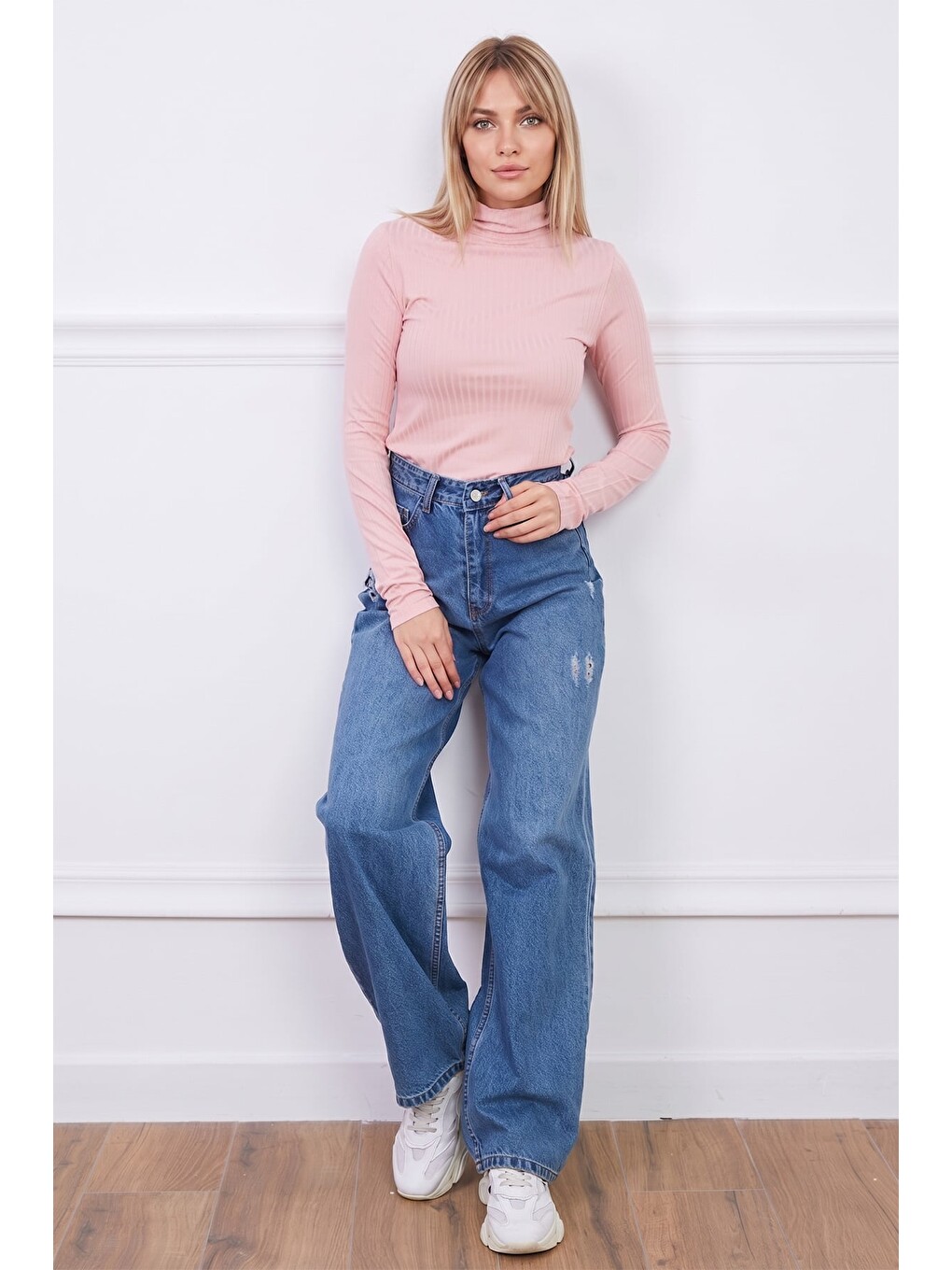Pembe Fitilli Balıkçı Yaka Slim Fit Bluz