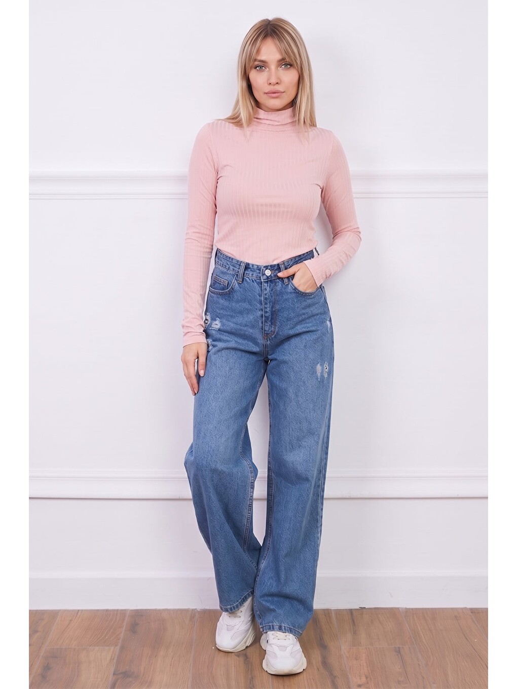 Pembe Fitilli Balıkçı Yaka Slim Fit Bluz-1