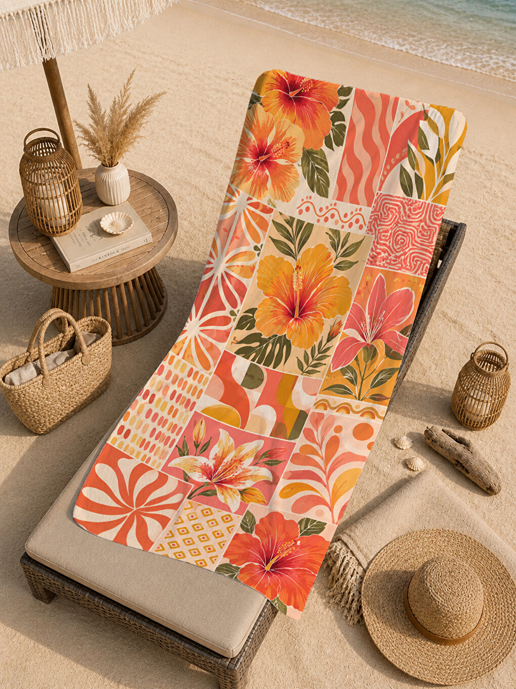 Retro Turuncu Tropikal Hibiskus Desenli 70x150 Plaj Havlusu - Dijital Baskılı Solmaz Banyo Havlusu-1
