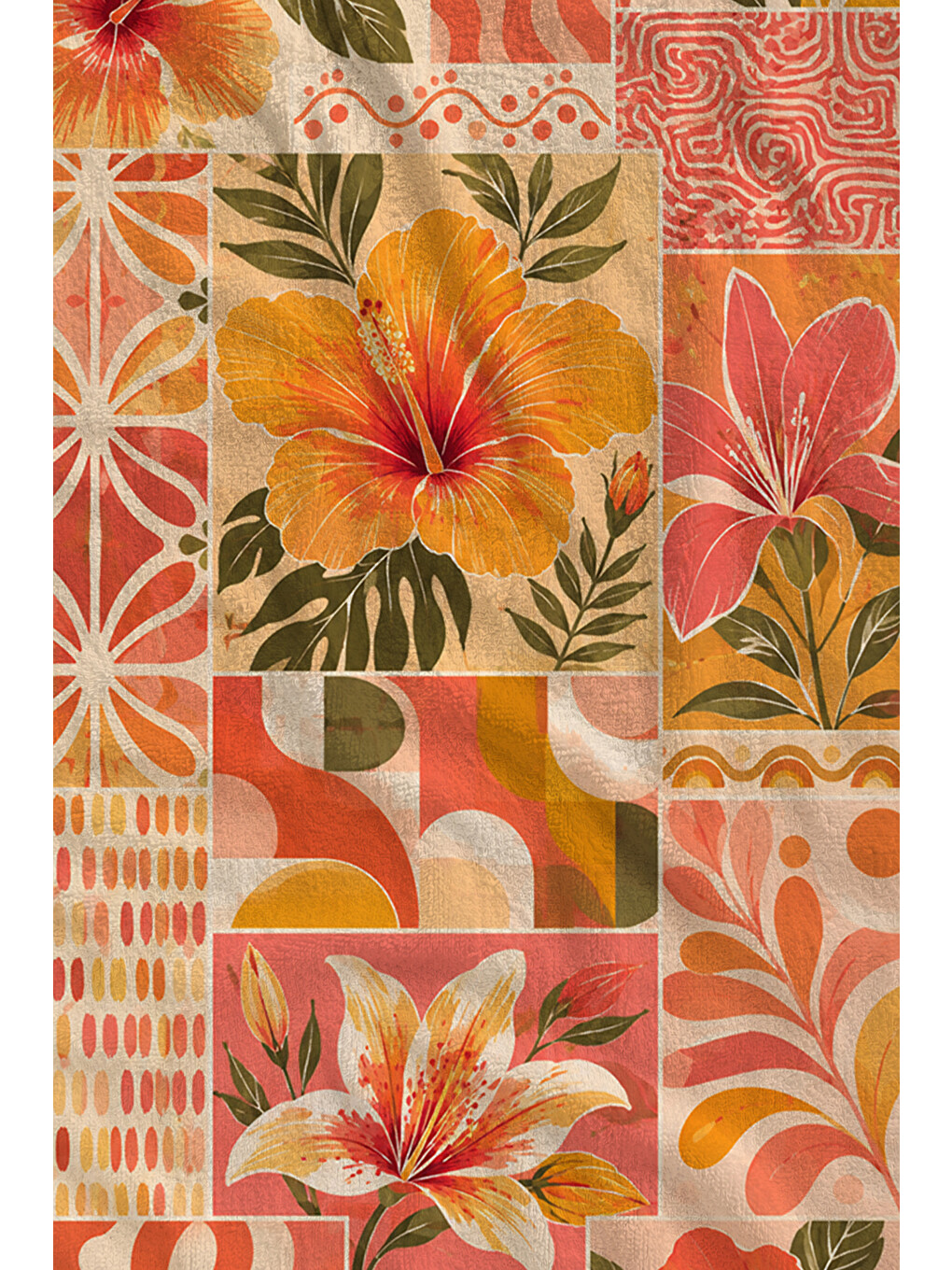 Retro Turuncu Tropikal Hibiskus Desenli 70x150 Plaj Havlusu - Dijital Baskılı Solmaz Banyo Havlusu-2