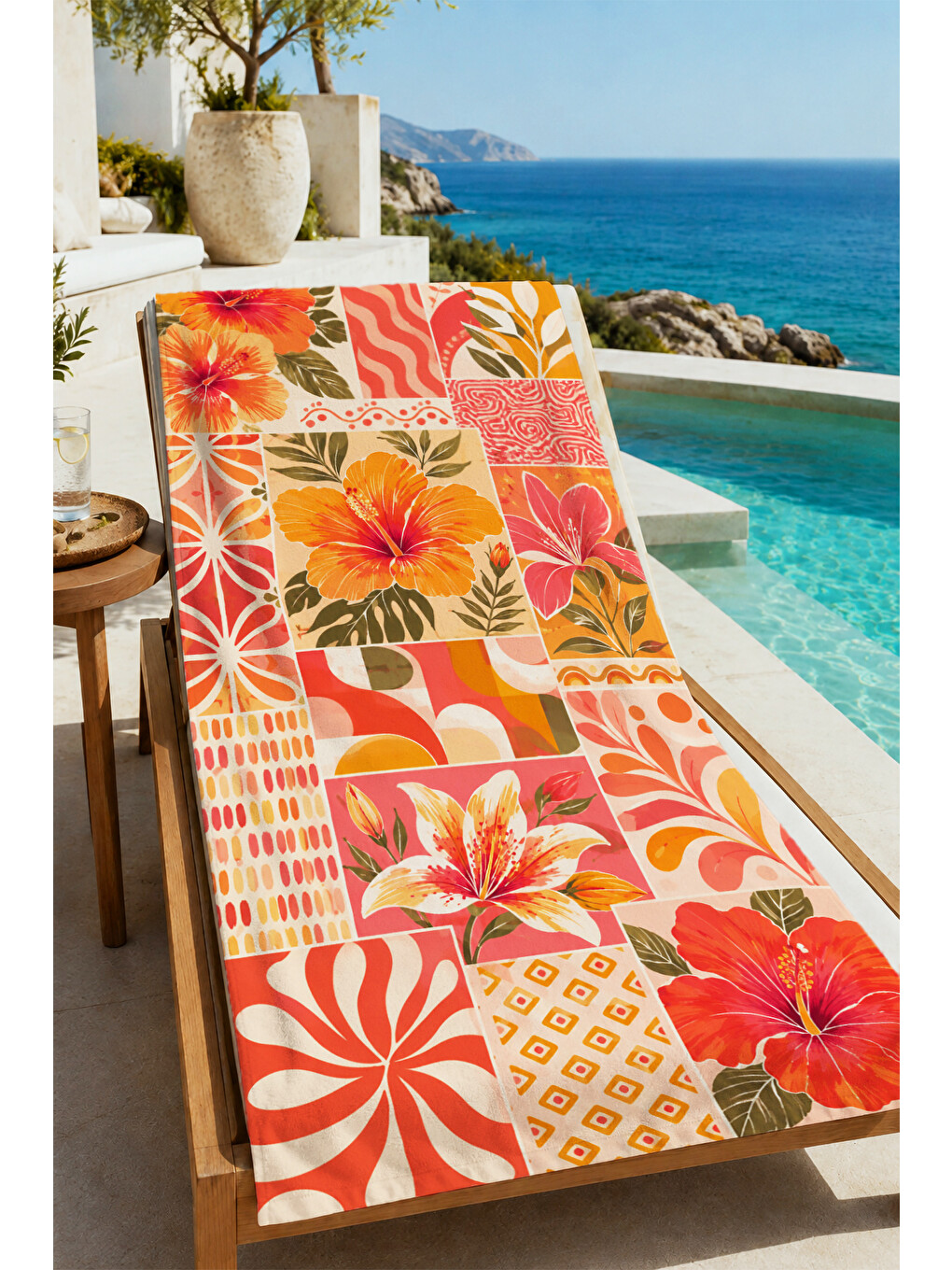 Retro Turuncu Tropikal Hibiskus Desenli 70x150 Plaj Havlusu - Dijital Baskılı Solmaz Banyo Havlusu-3