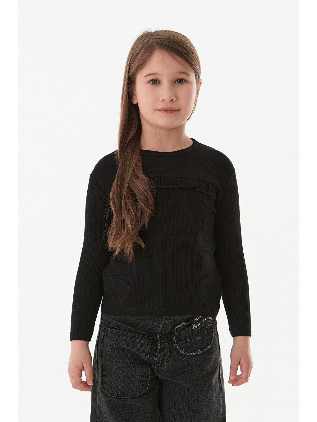 Siyah Fitilli Önü Fırfırlı Kız Çocuk Body-4