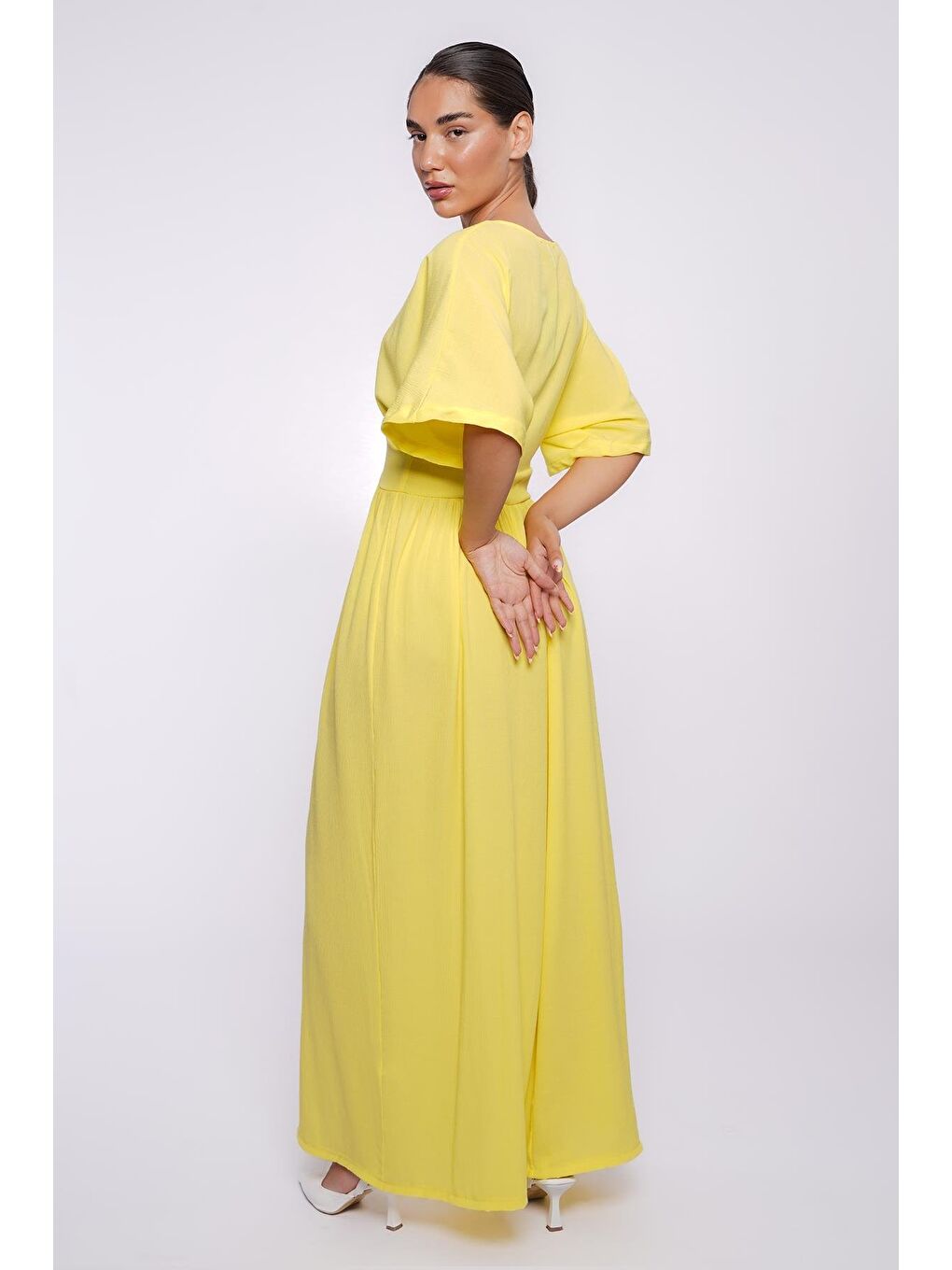 Sarı V Yaka Düğmeli Elbise Mg2339-7