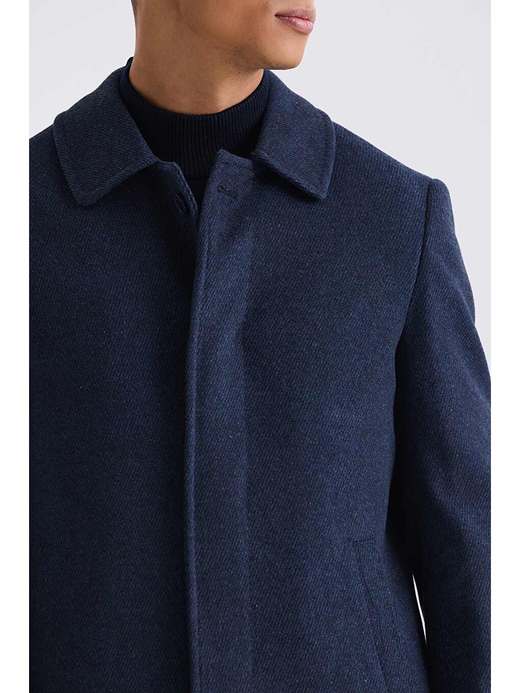 Lacivert Klasik Fit Berberi Yaka Çizgi Desenli Yünlü Kaban-2