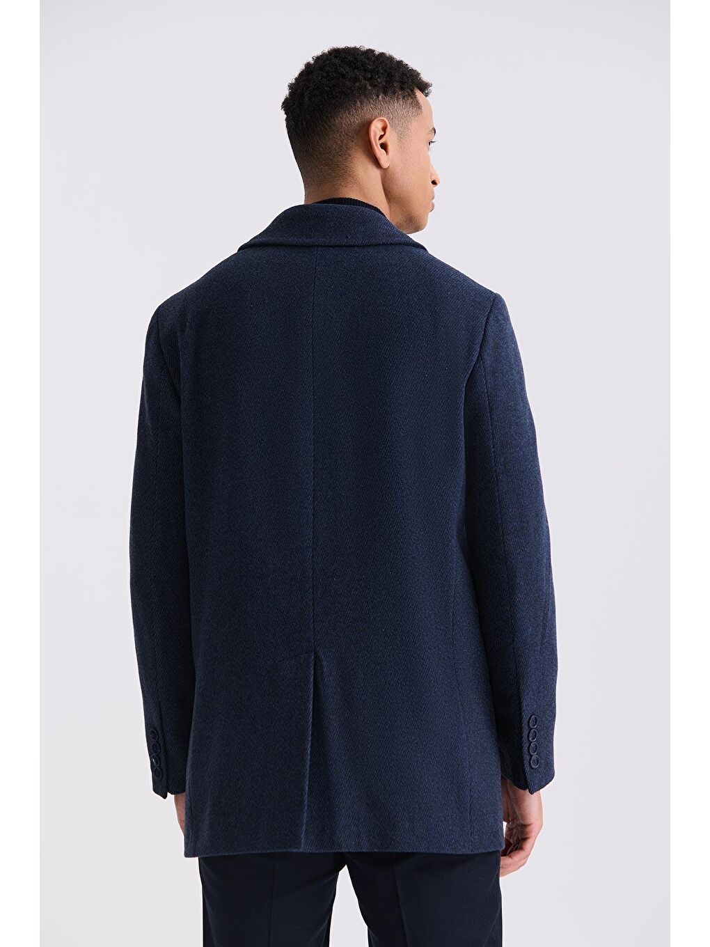 Lacivert Klasik Fit Berberi Yaka Çizgi Desenli Yünlü Kaban-3