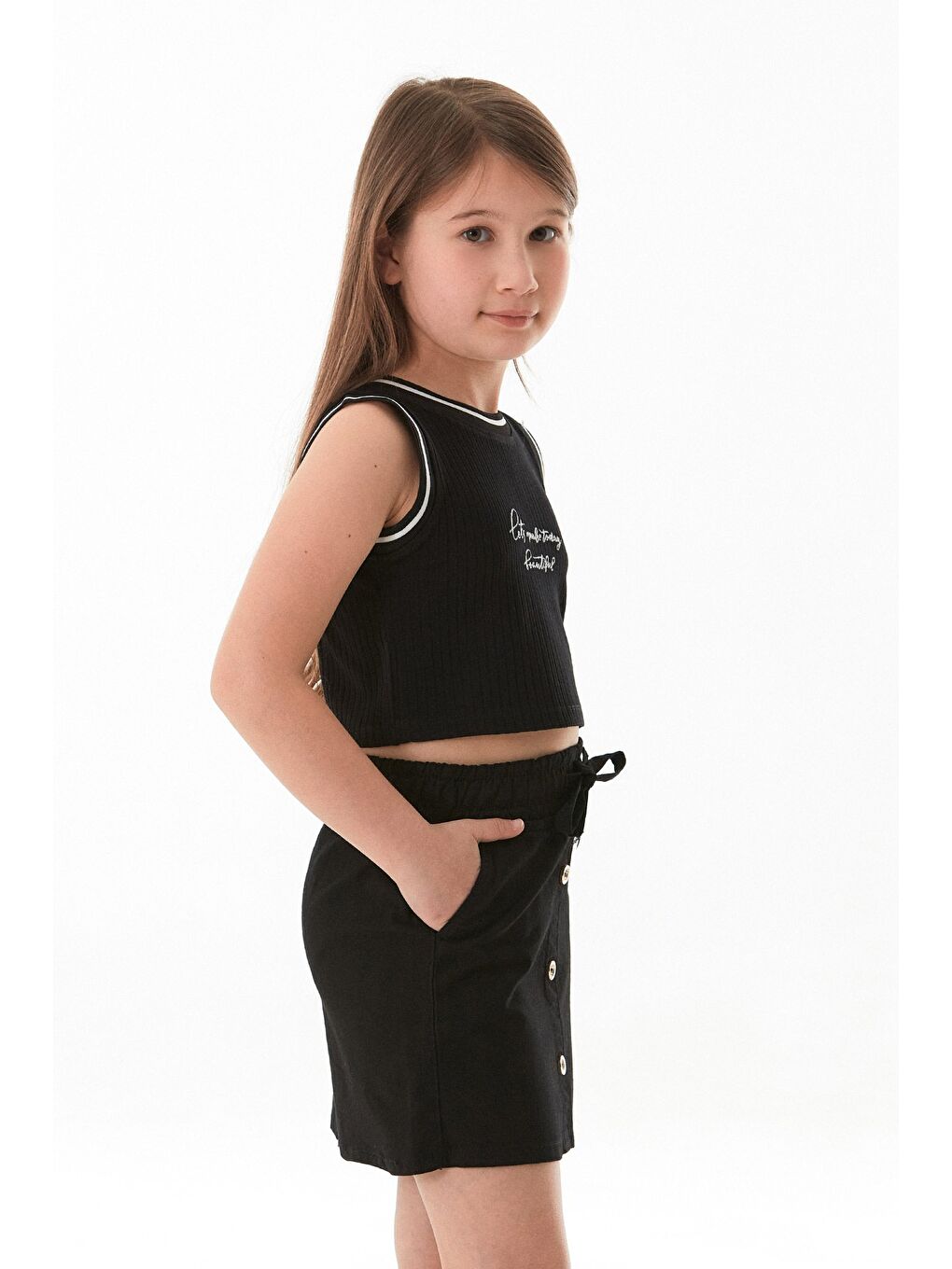 Siyah Fitilli Yazı Baskılı Halter Yaka Kız Çocuk Body-3