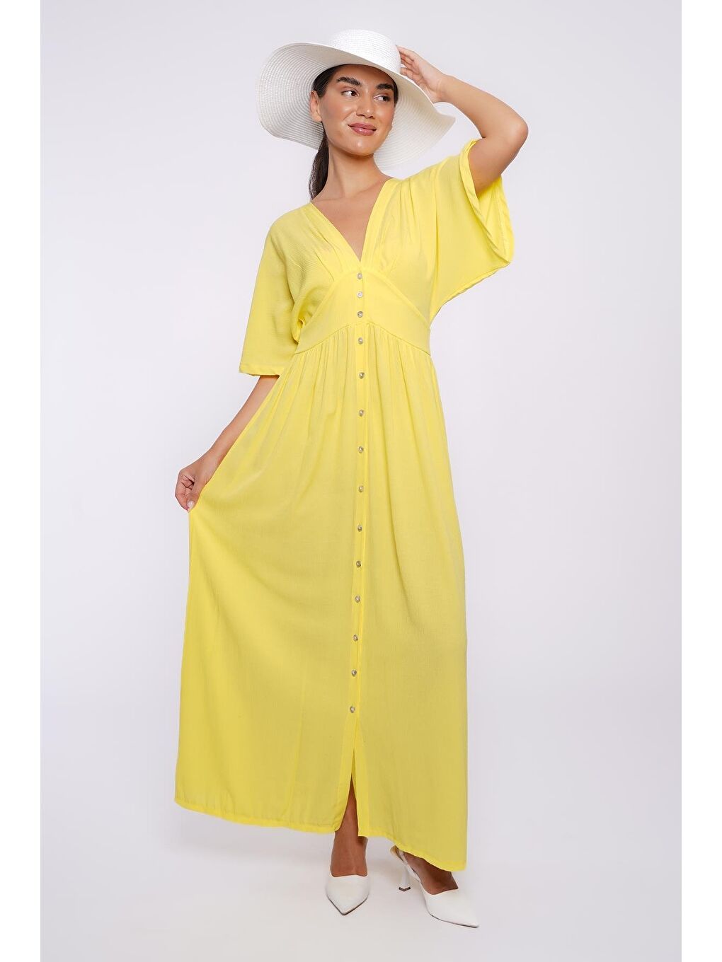 Sarı V Yaka Düğmeli Elbise Mg2339-8